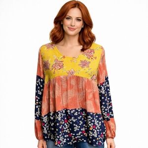 ODDY‎ Boho Layered Floral Print Baby Doll Style Top Balloon Sleeves Size Small